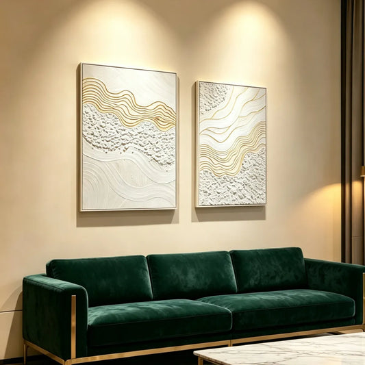 Set of 2 Framed Abstract Canvas Wall Art, Antique White with Gold Accents
