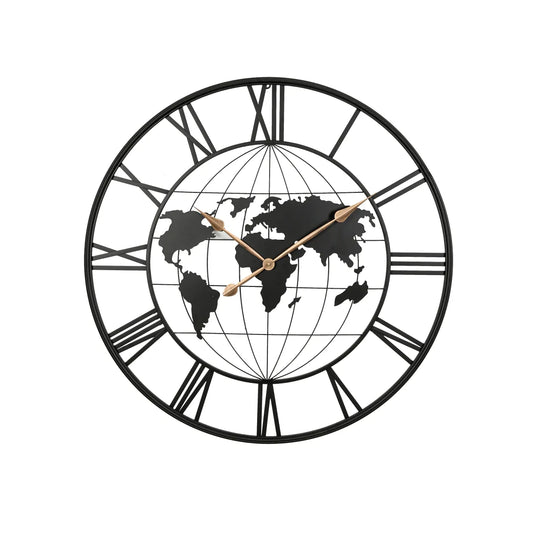 36" Large Black Metal Wall Clock with World Map Design