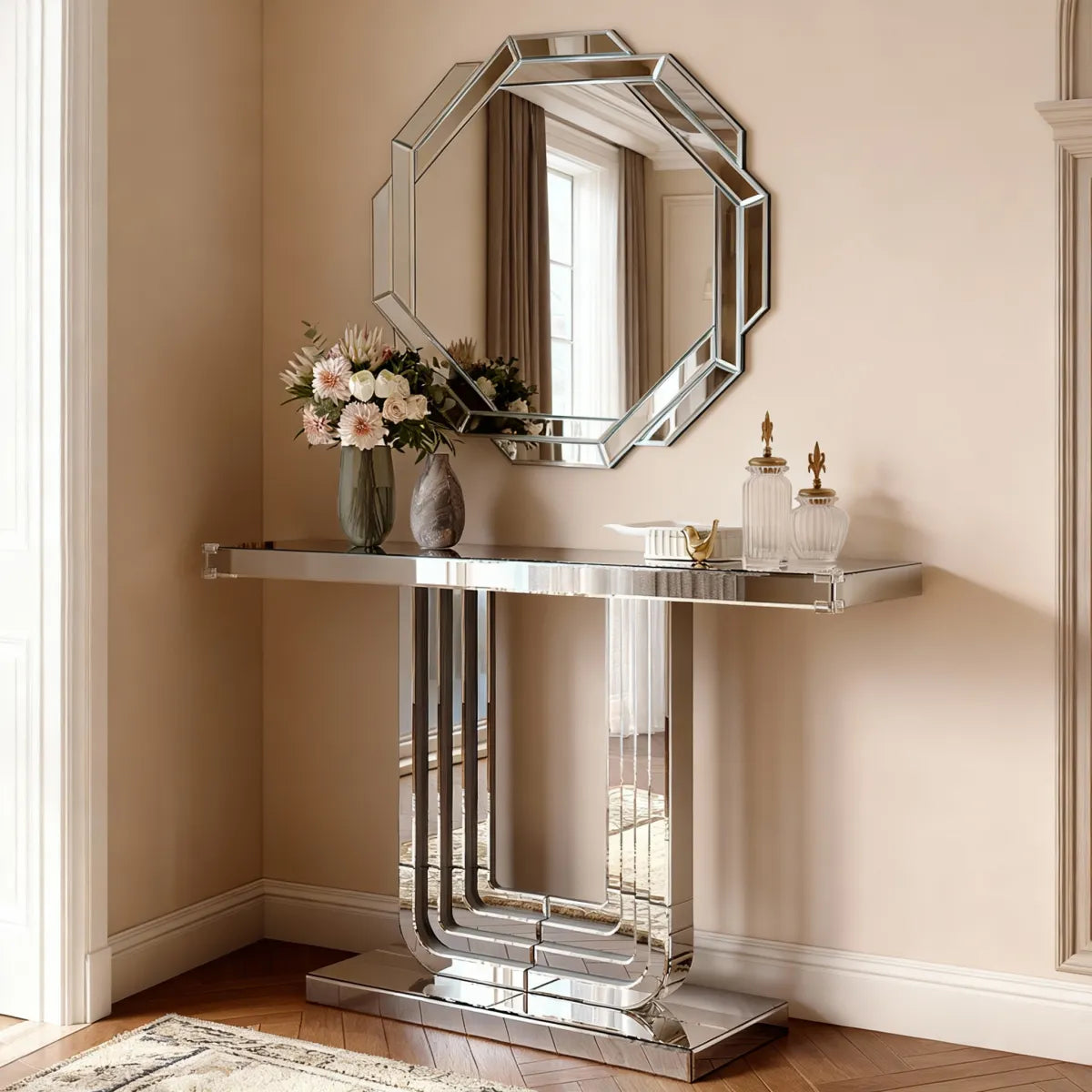 Octagonal Frameless Beveled Wall Mirror, Silver