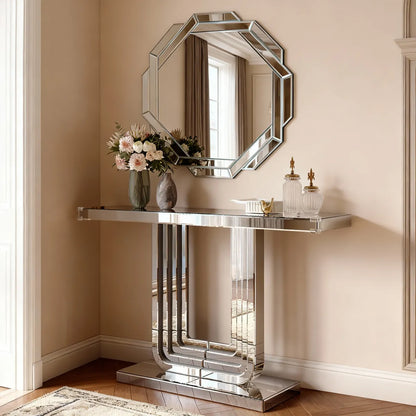 Octagonal Frameless Beveled Wall Mirror, Silver