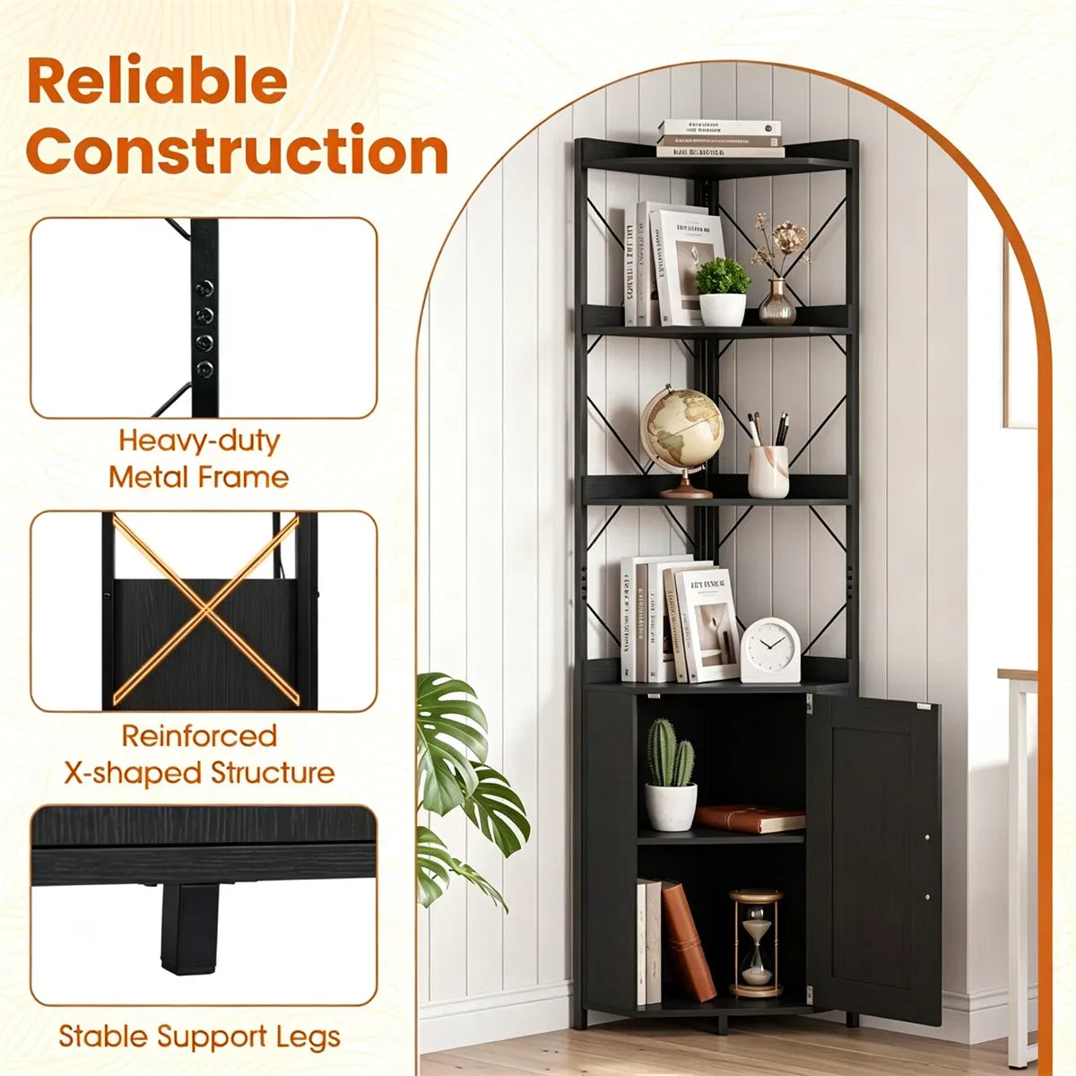 Corner Display Bookcase with Concealed Cabinet, Black – view 6