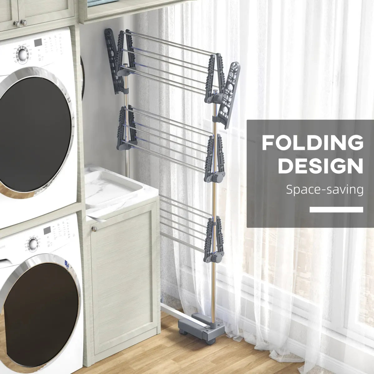 3-Tier Foldable Stainless Steel Clothes Drying Rack with Side Wings and Castors, Grey