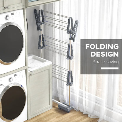 3-Tier Foldable Stainless Steel Clothes Drying Rack with Side Wings and Castors, Grey