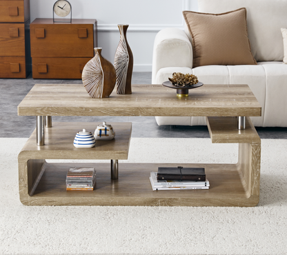 3-tier coffee table with storage, wood grain
