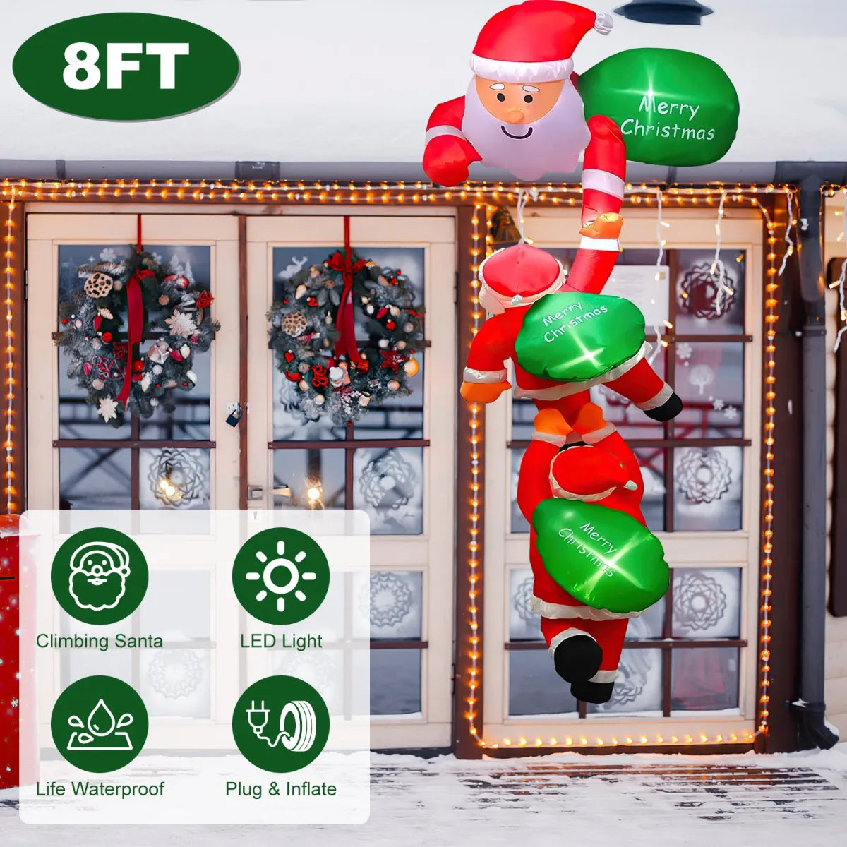 Climbing Inflatable Santa Claus with Lights, 8 Ft Outdoor Christmas Blow-Up Decoration