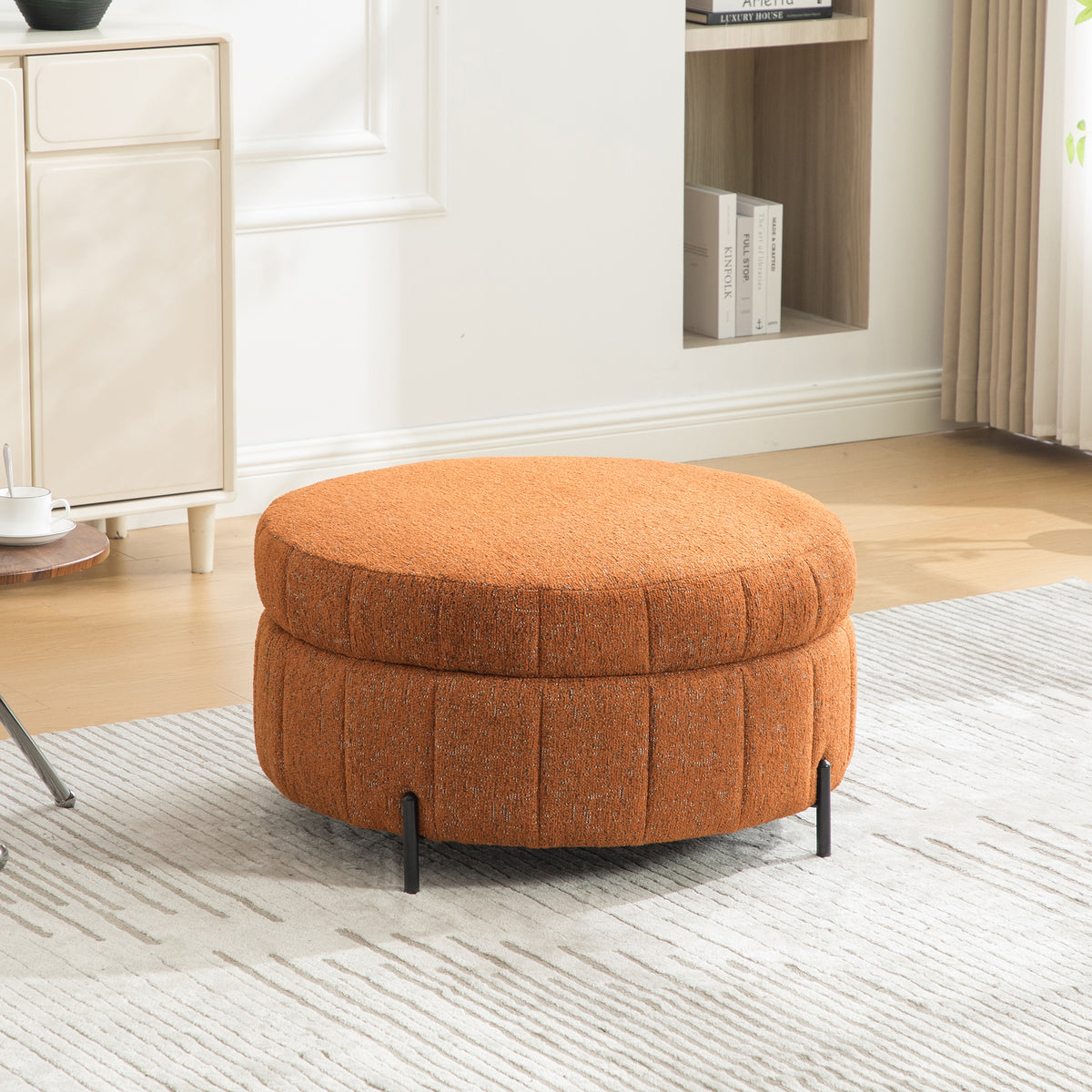 Round Storage Ottoman with Reversible Lid, Orange