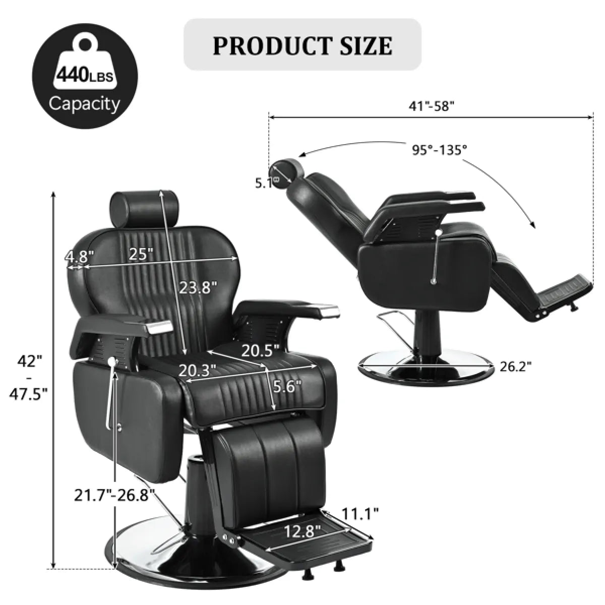 Heavy Duty Reclining Hydraulic Barber Chair, Black