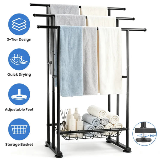 3-Tier Freestanding Towel Rack with Storage Basket, Black