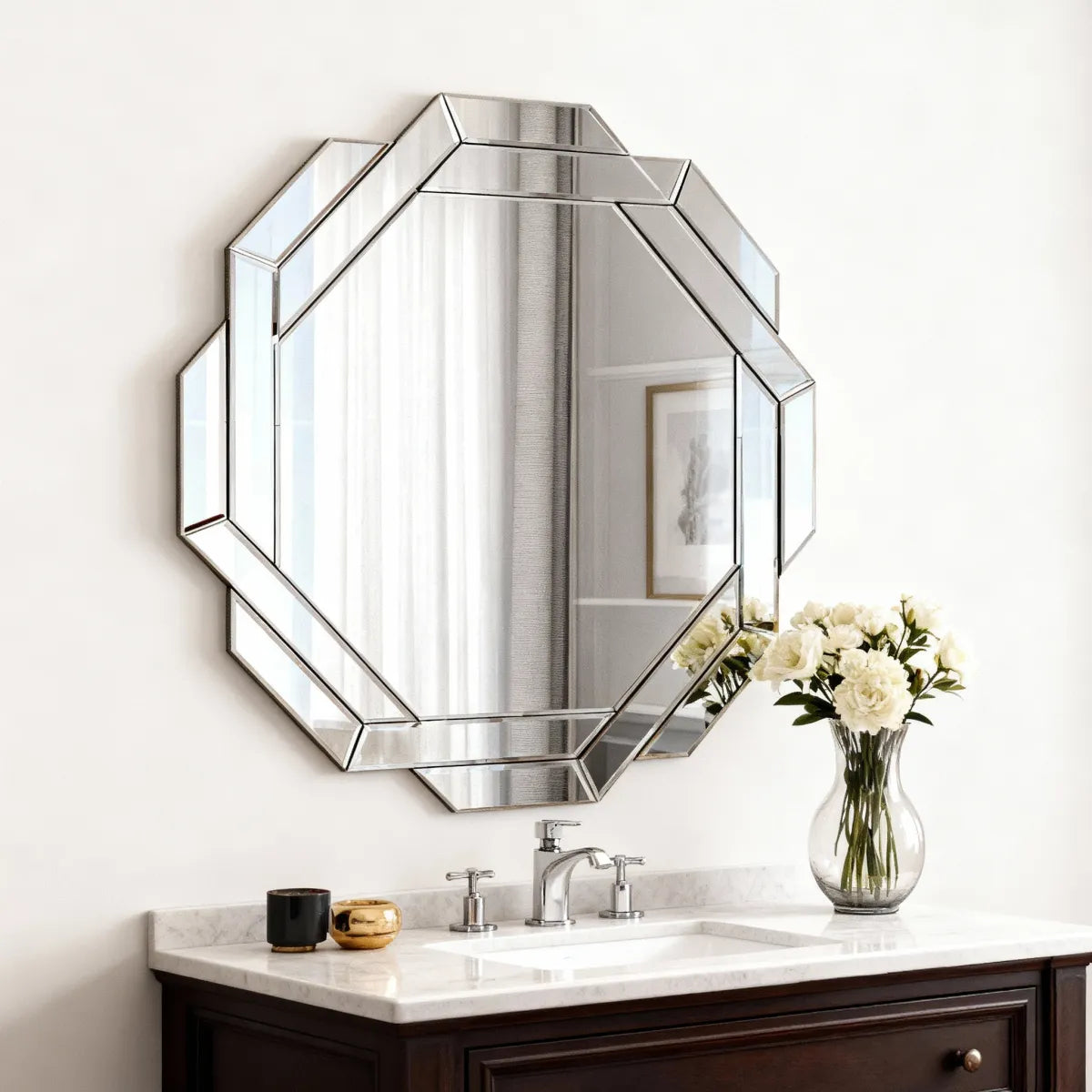 Octagonal Frameless Beveled Wall Mirror, Silver