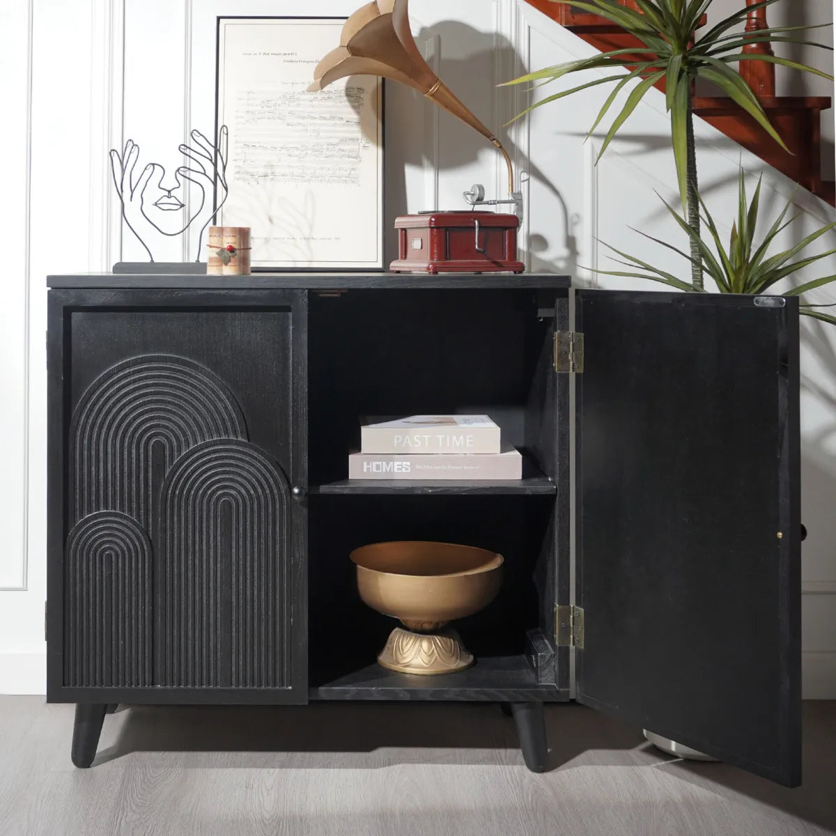 Modern Black Wood Accent Cabinet with Embossed Door – view 3