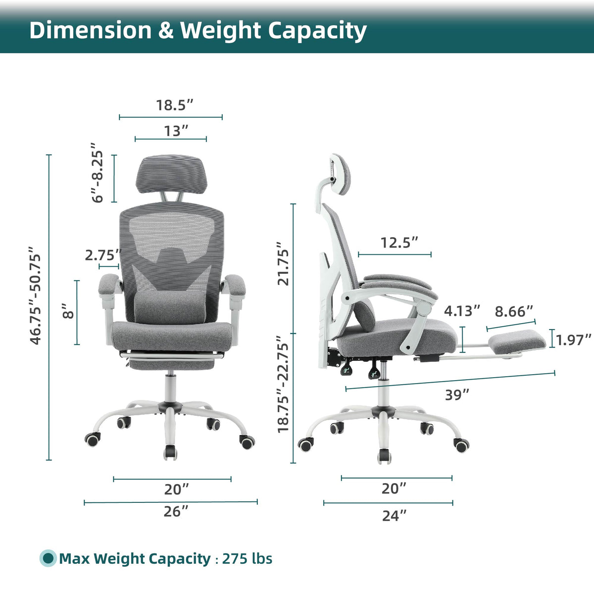 Reclining ergonomic office chair with footrest