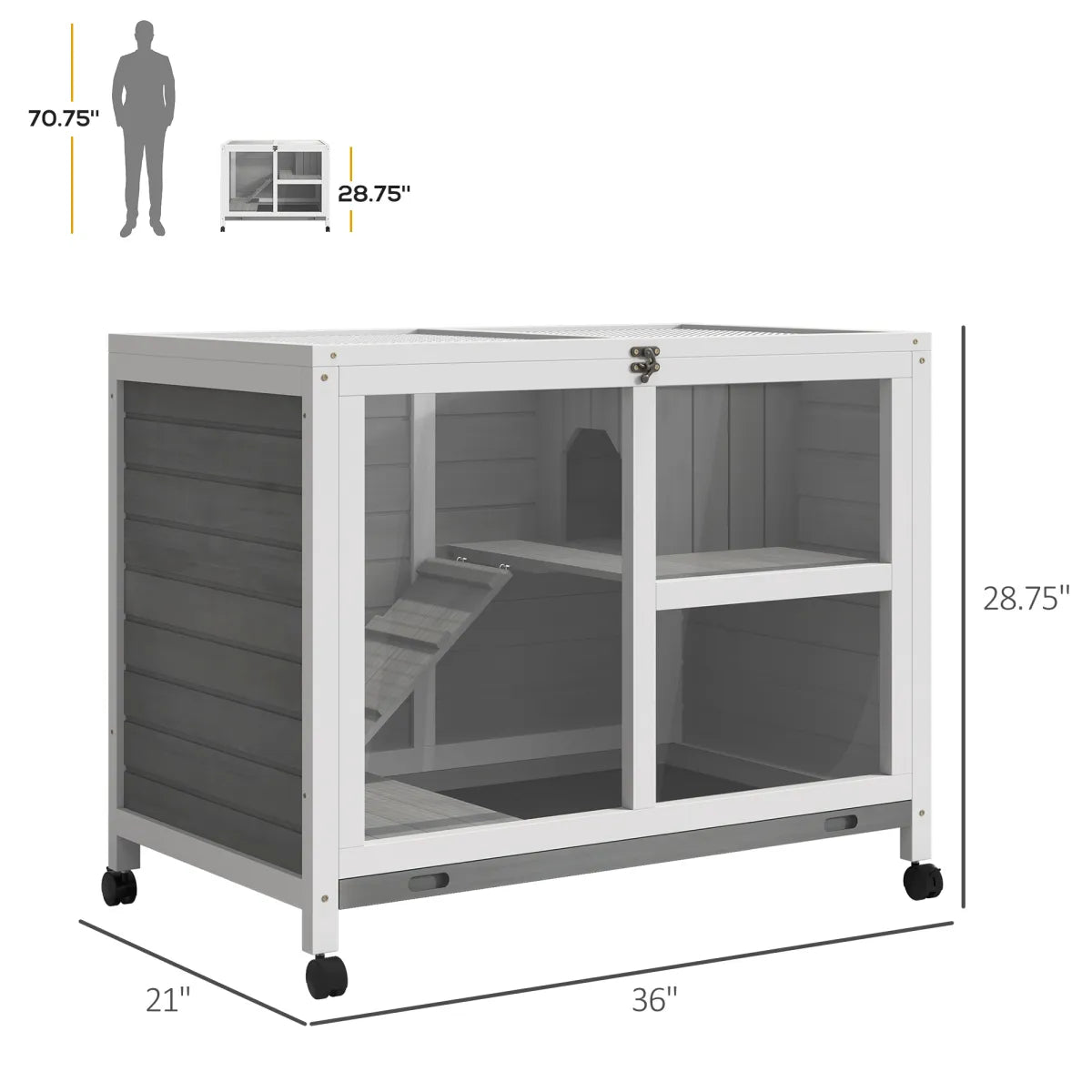Desk-Sized Rabbit Hutch with Wheels, Grey