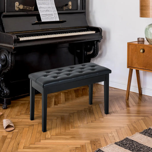 Tufted Faux Leather Piano Bench with Under-Seat Storage, Black