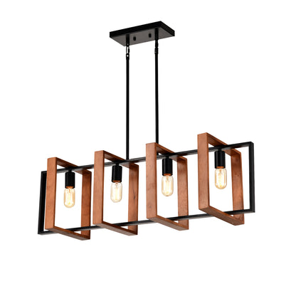 4-light farmhouse rectangular pendant, wood and black