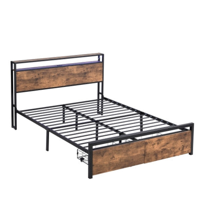 Full Size LED Platform Bed Frame – Metal & Wood, Storage Headboard – view 8