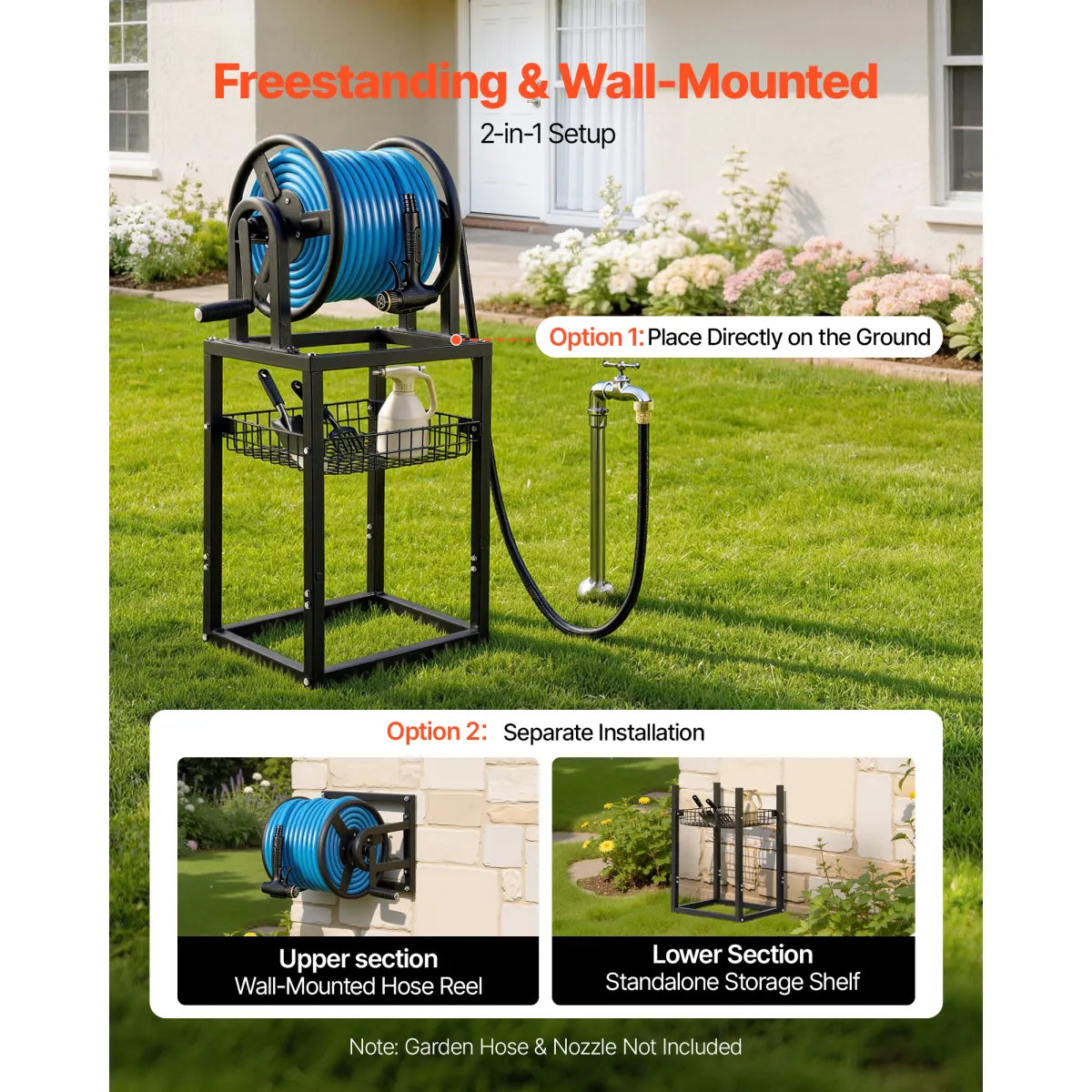 Freestanding Garden Hose Reel – Wall or Ground Mount Hose Holder