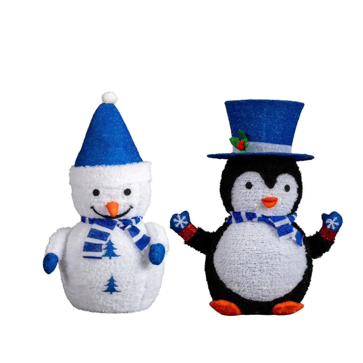 Set of 2 Pre-Lit Plush Penguin and Snowman Christmas Decorations
