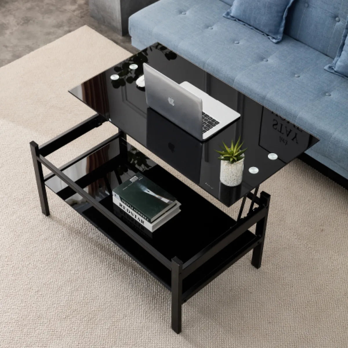 Glass Lift-Top Coffee Table – Modern 2-Layer Tempered Glass Living Room Table