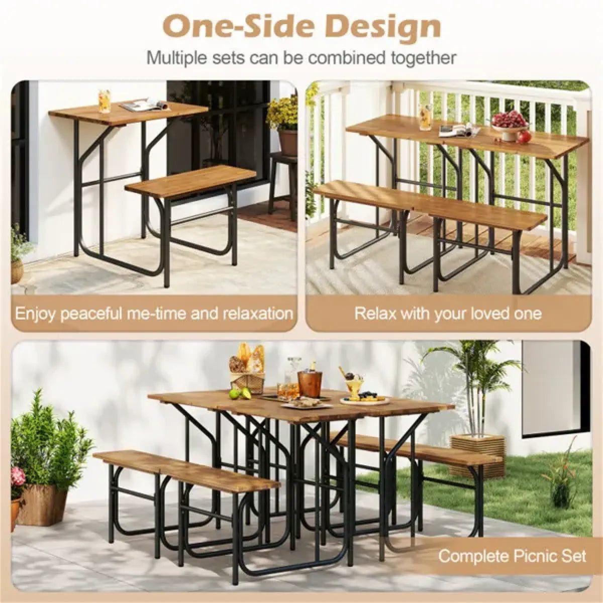 Acacia Wood Patio Table and Bench Set, Combinable for Picnic and Leisure