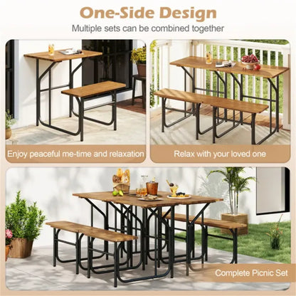 Acacia Wood Patio Table and Bench Set, Combinable for Picnic and Leisure