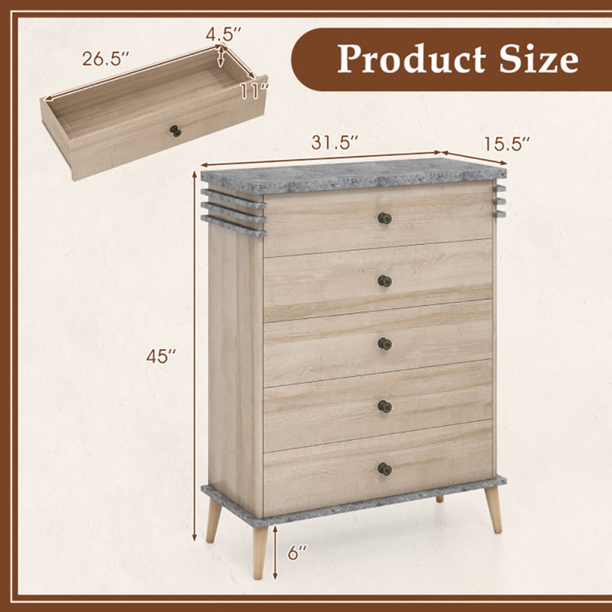 5-Drawer Farmhouse Dresser – Wood & Metal, Tall Bedroom Storage – view 5