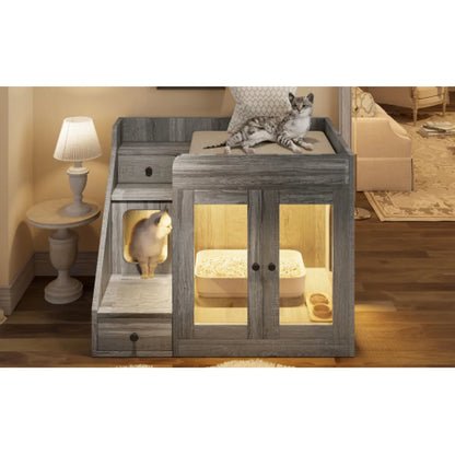 Hidden Cat Litter Box Furniture – Enclosure Cabinet with Light & 2 Storage Drawers