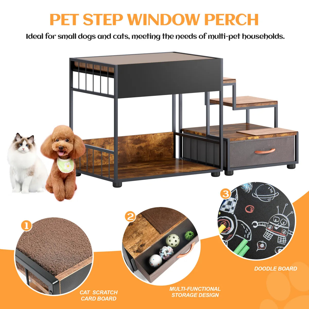 Pet Step Window Perch, Multi-Level Platform, Black Vintage