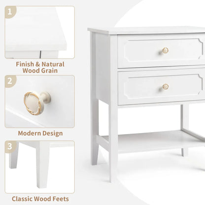 White Wood Nightstand with 2 Drawers and Open Shelf