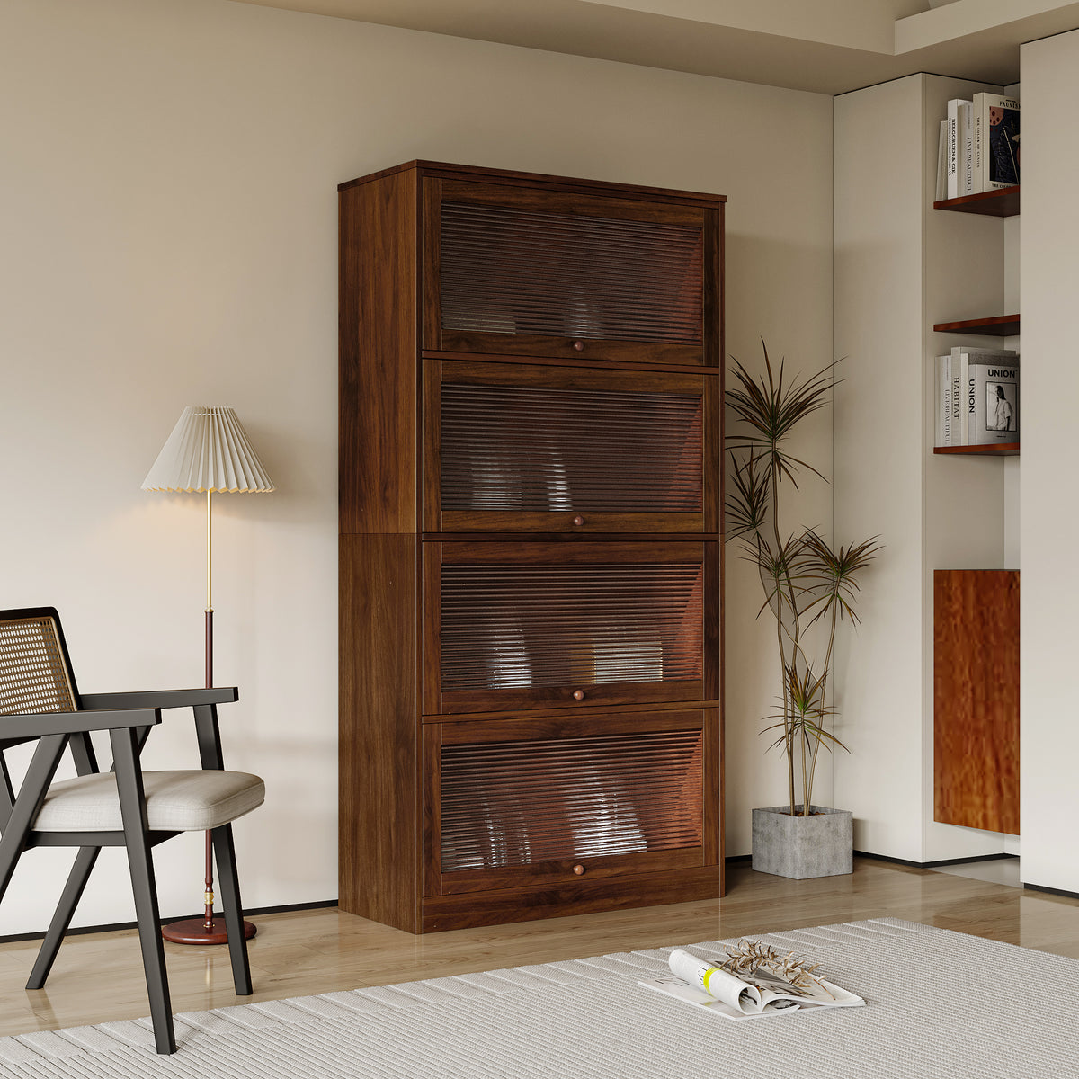 Glass door display bookcase, walnut