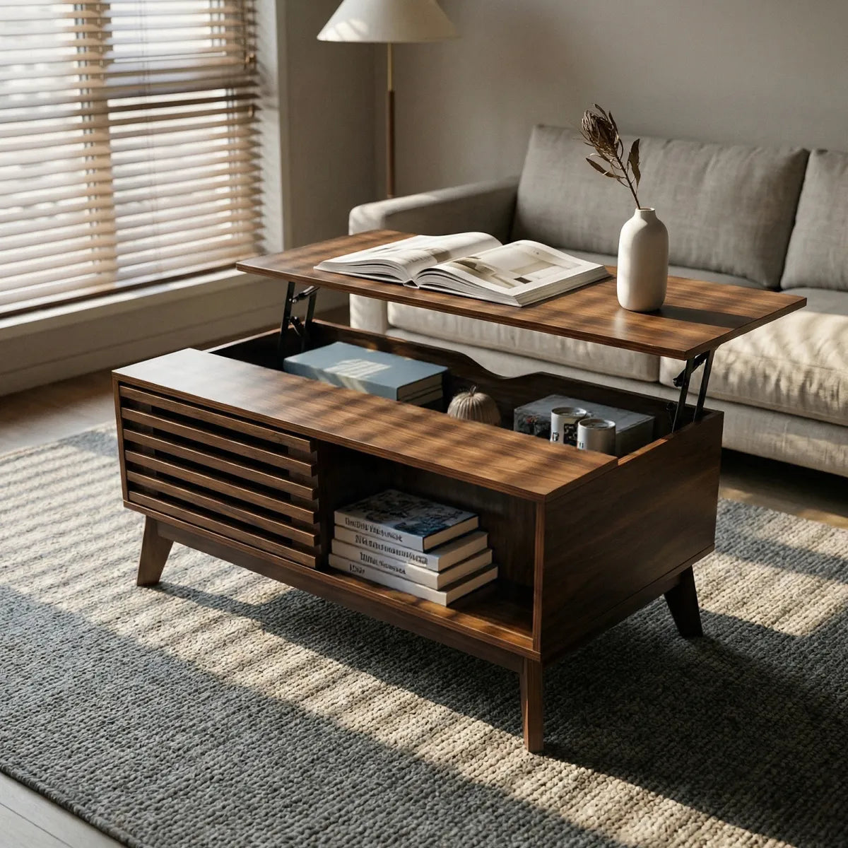 35" Mid Century Modern Lift Top Coffee Table – Slatted Sliding Door, Walnut – view 2