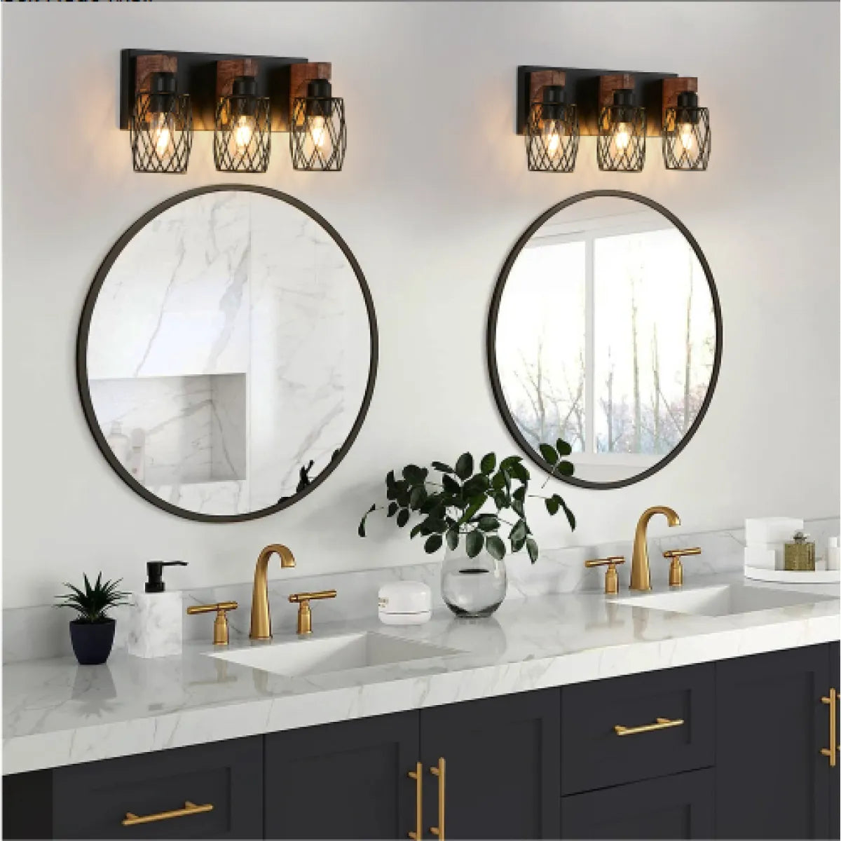 Industrial 3-Light Vanity Wall Sconce – Black Cage with Wood Accents