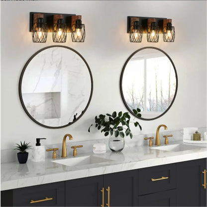 Industrial 3-Light Vanity Wall Sconce – Black Cage with Wood Accents