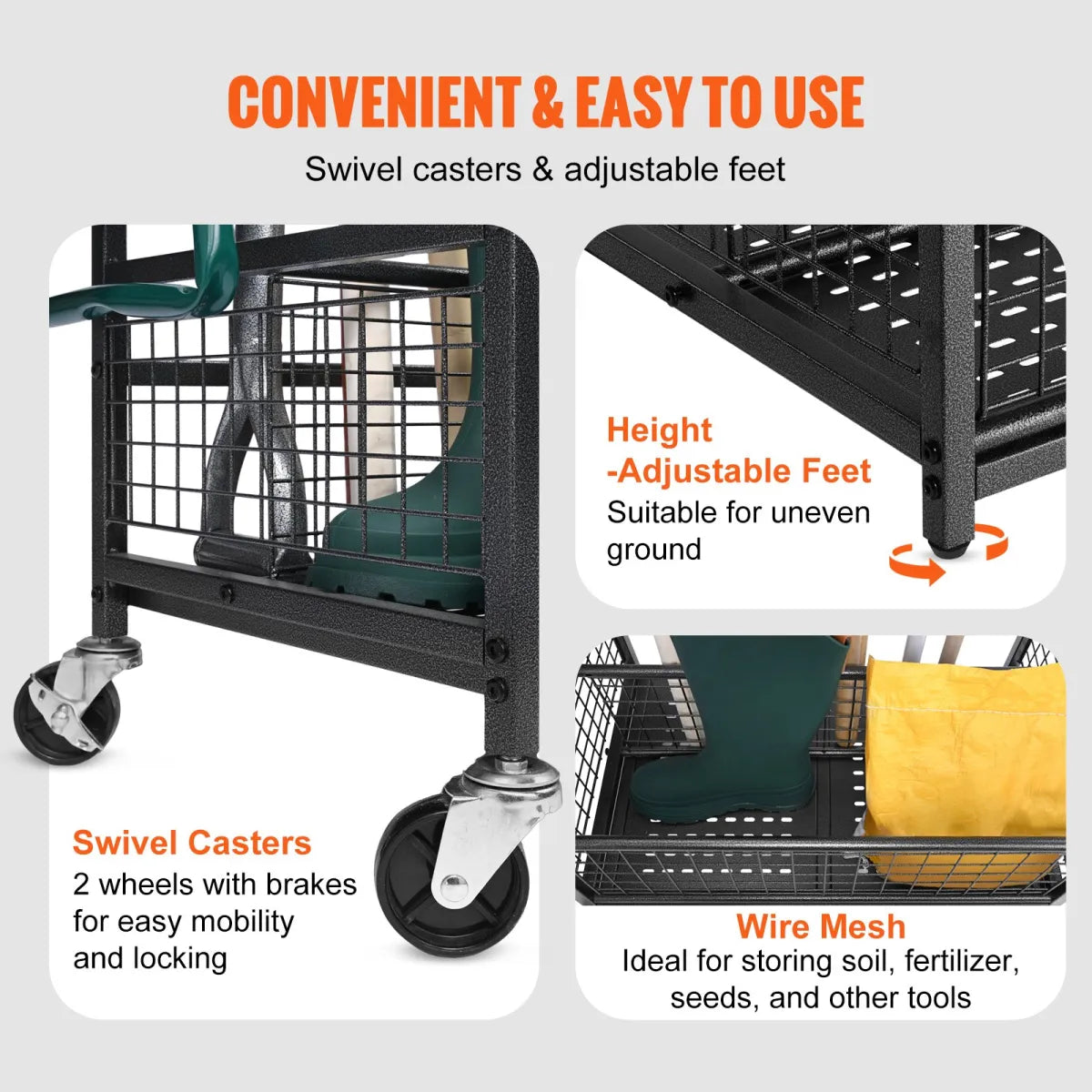 16-Slot Rolling Garden Tool Organizer Rack, Black