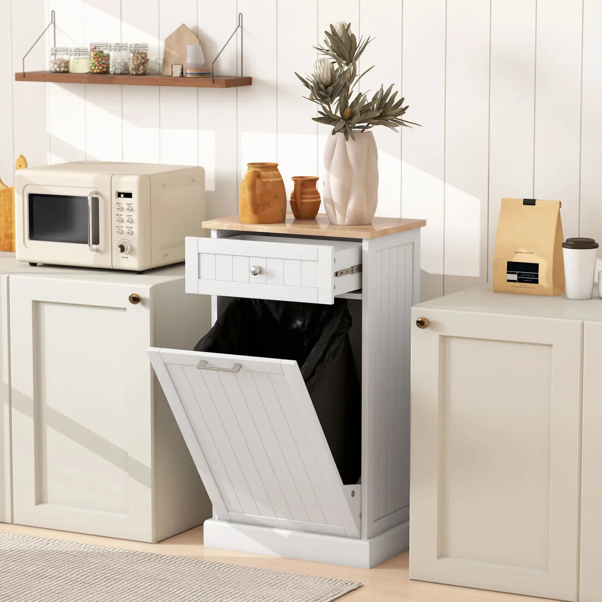 10 Gallon Tilt-Out Trash Cabinet with Storage Drawer, White