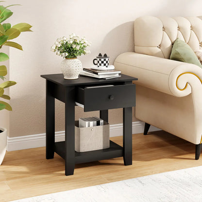 3-Tier Nightstand with Drawer and Open Shelf, Black