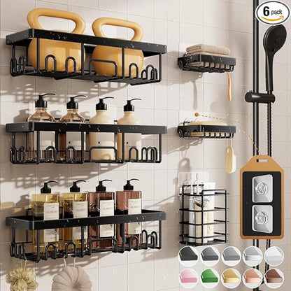 6-Pack Black Shower Caddy Set – Adhesive Bathroom Storage Shelves