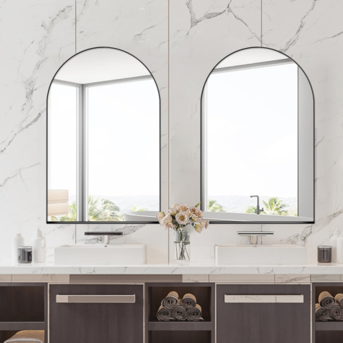 24x36 Arched Recessed Medicine Cabinet – Metal Framed Mirror, Matte Black Bathroom Storage – view 9