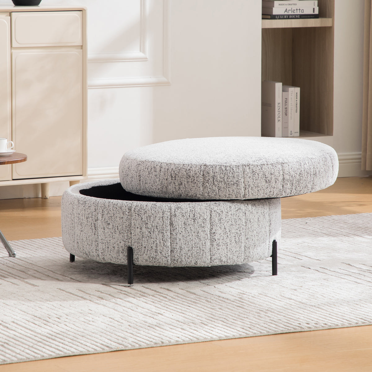Round Storage Ottoman with Reversible Lid, White-Black – alternate view 2