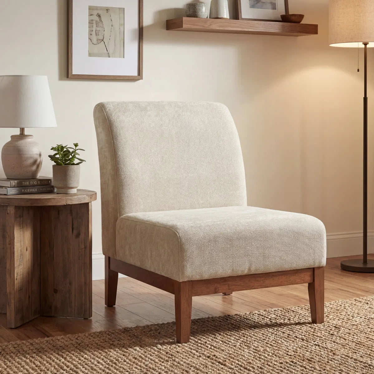 Beige Fabric Accent Chair with Walnut Frame