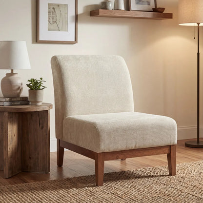 Beige Fabric Accent Chair with Walnut Frame