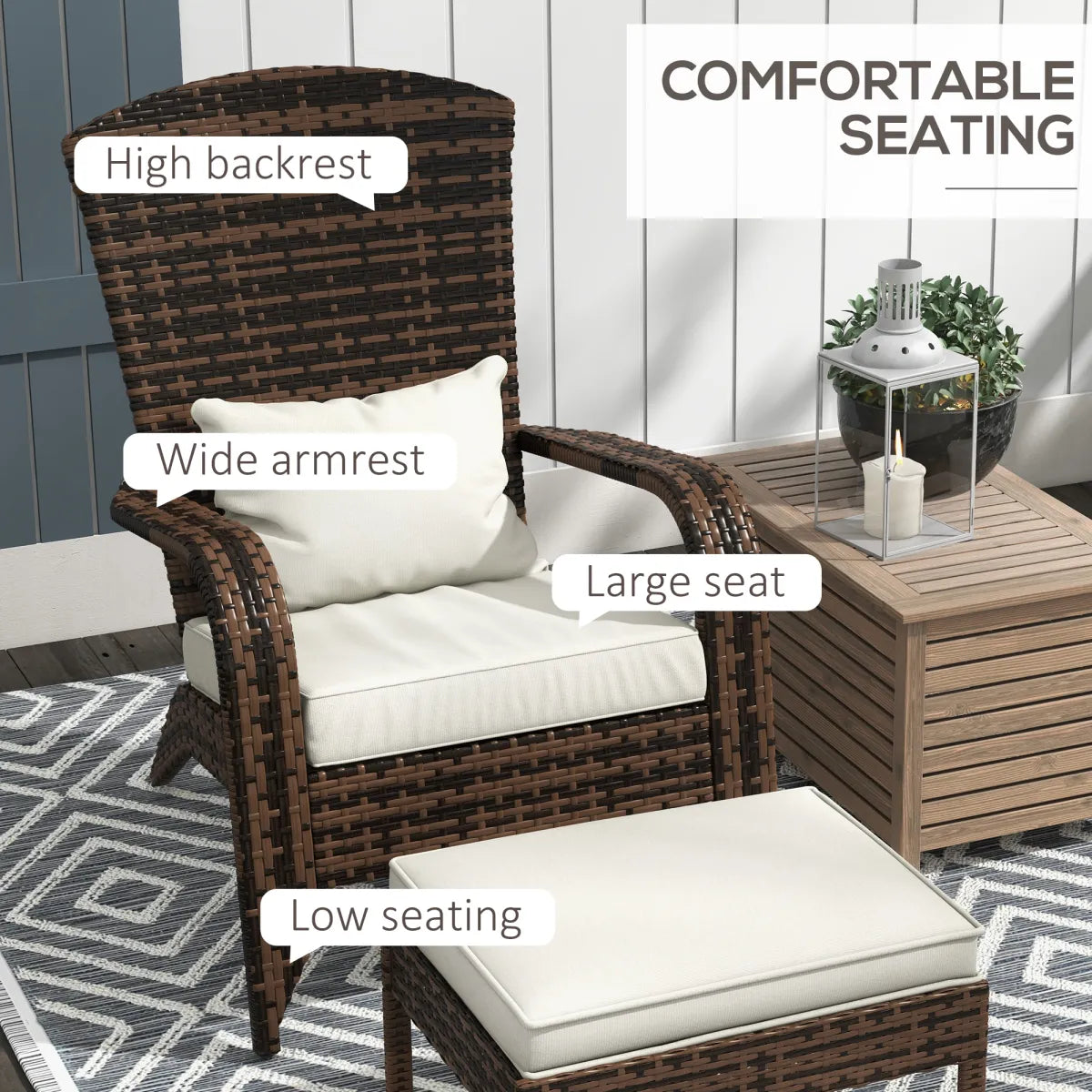 Wicker Adirondack Fire Pit Chair with Ottoman and Cushions, White