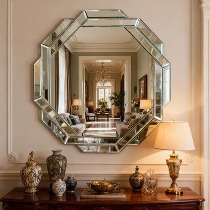 Octagonal Frameless Beveled Wall Mirror, Silver