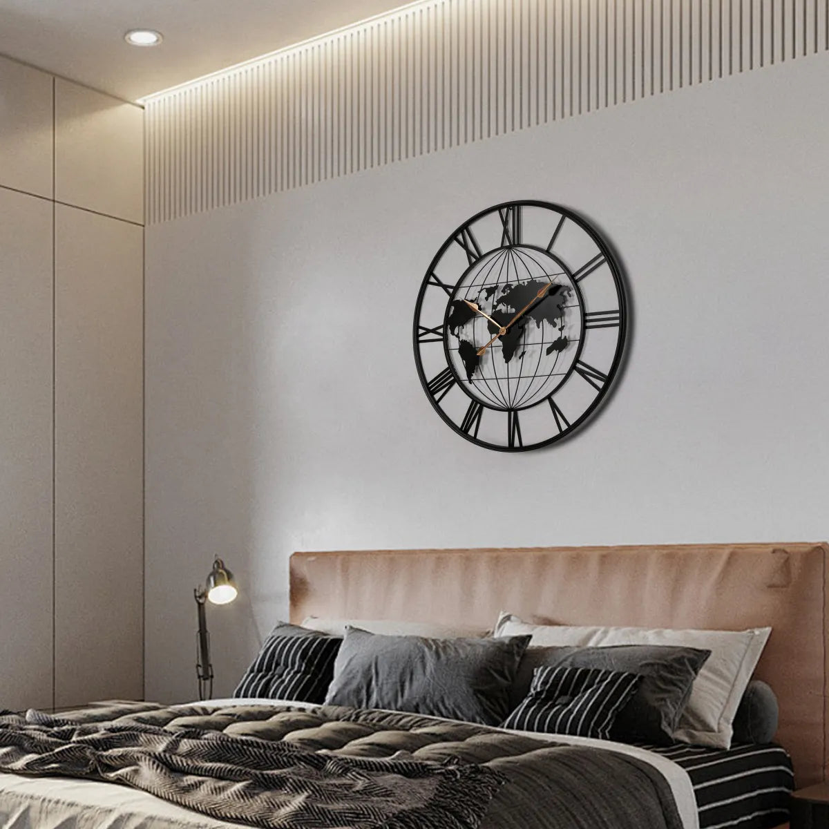 36" Large Black Metal Wall Clock with World Map Design