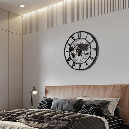 36" Large Black Metal Wall Clock with World Map Design