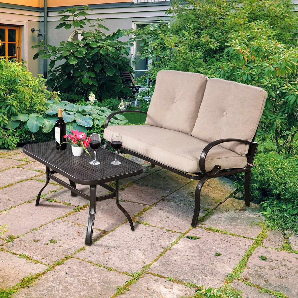 2-Piece Patio Loveseat and Coffee Table Set with Beige Cushions