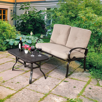 2-Piece Patio Loveseat and Coffee Table Set with Beige Cushions