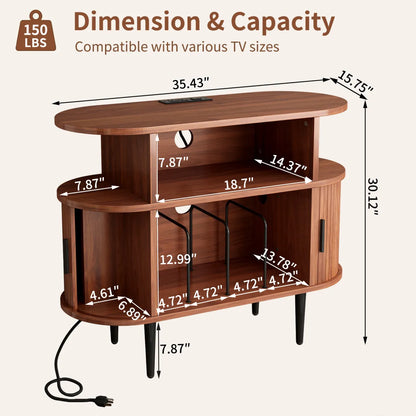 Round Record Player Stand with Charging Station, Walnut