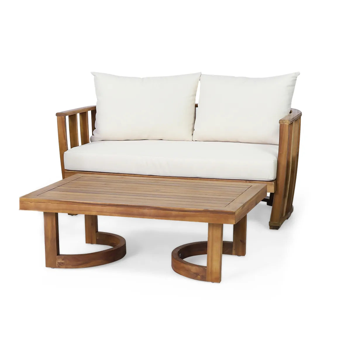 Outdoor Acacia Wood Loveseat and Coffee Table Set with Beige Cushions, Teak