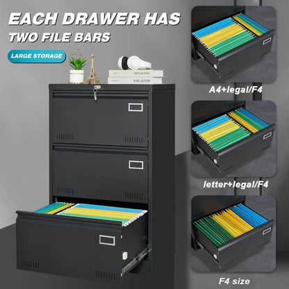 Lateral 3-Drawer Metal File Cabinet, Black – Locking Office Storage