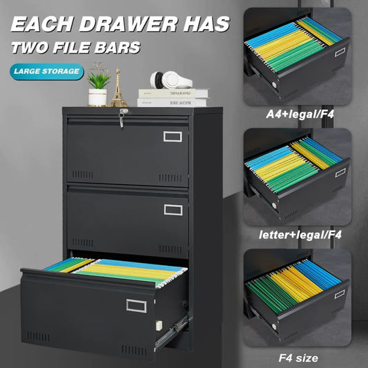 Lateral 3-Drawer Metal File Cabinet, Black – Locking Office Storage
